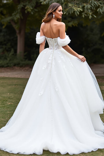 Off The Shoulder White A Line Wedding Dress with Slit